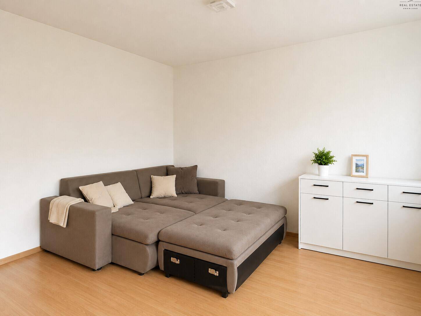 Gemütliches Wohnzimmer mit ausziehbarem Sofa und praktischem Stauraum.