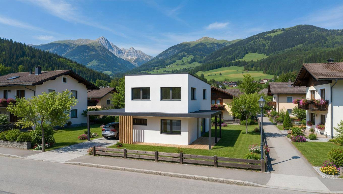 Modernes Einfamilienhaus mit weißer Fassade und Carport, eingebettet in eine grüne Berglandschaft.