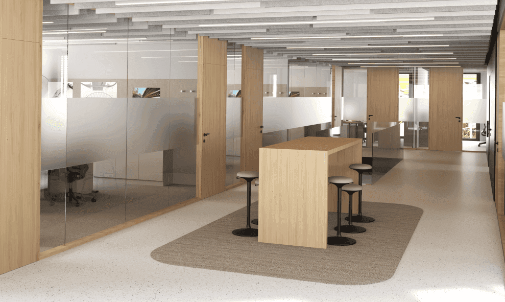 Offener Bürobereich mit Glaswänden, Holzelementen und modernen Arbeitsinseln.
