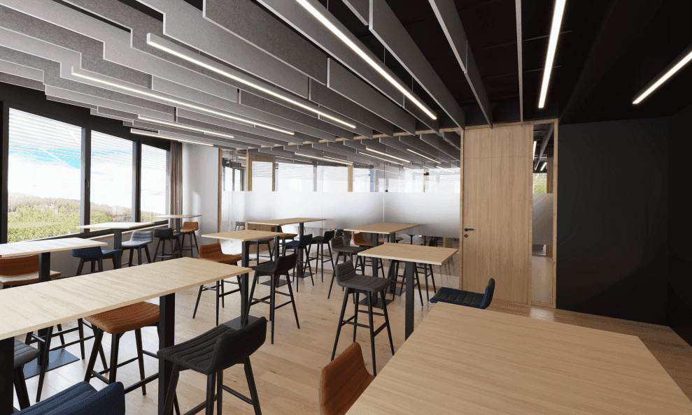 Moderne Cafeteria oder Pausenraum mit hohen Tischen, Barhockern und Holzböden.