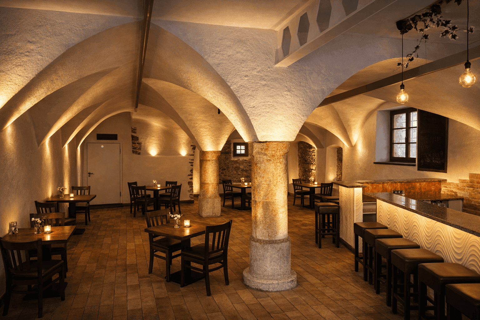 Eingerichteter Gewölbekeller als Gastraum mit Tischen, Stühlen und einer stilvollen, beleuchteten Bar.
