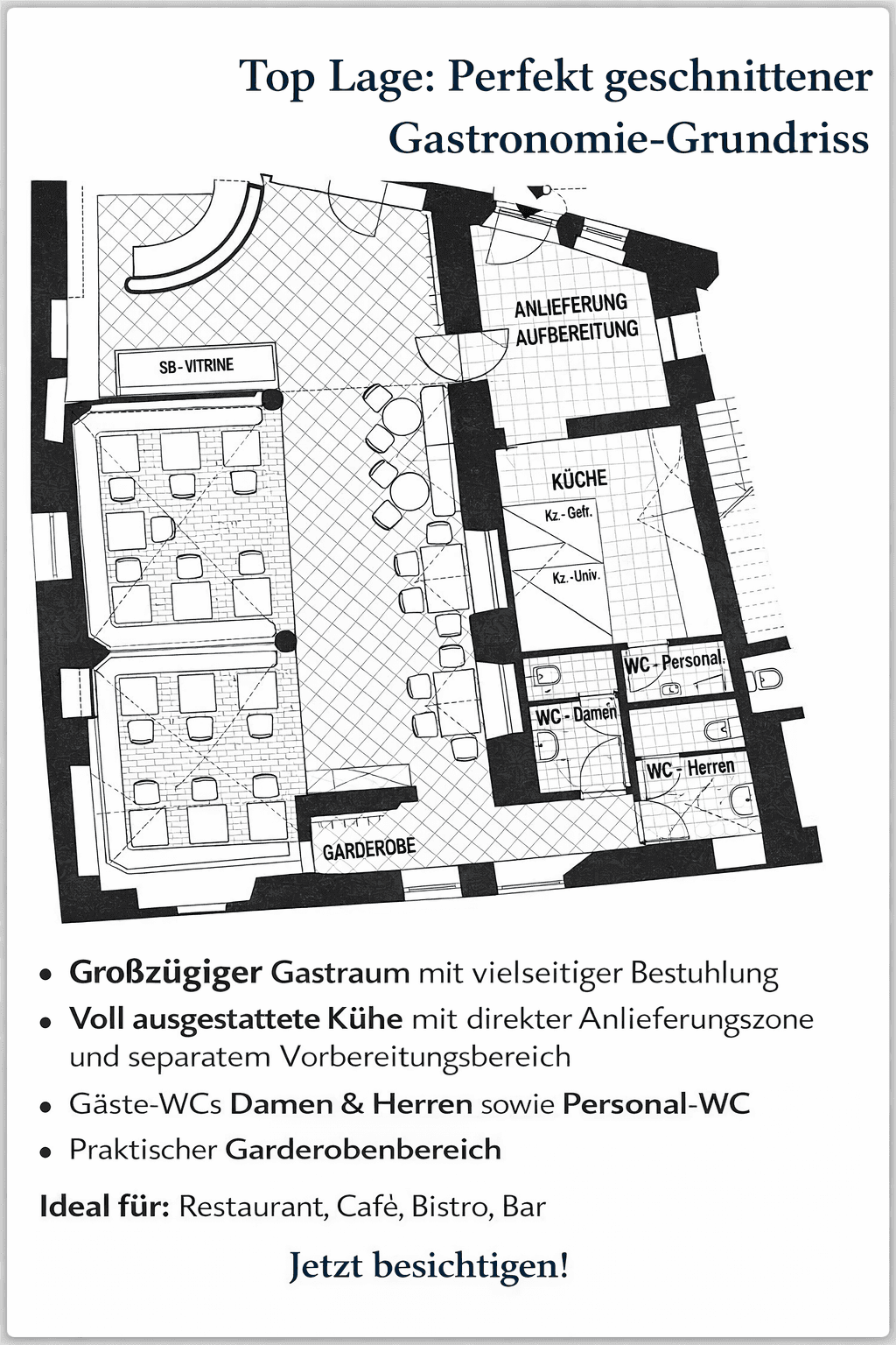 Detaillierter Grundriss eines Gastronomiebetriebs mit großem Gastraum, Küche und separaten Sanitärbereichen.