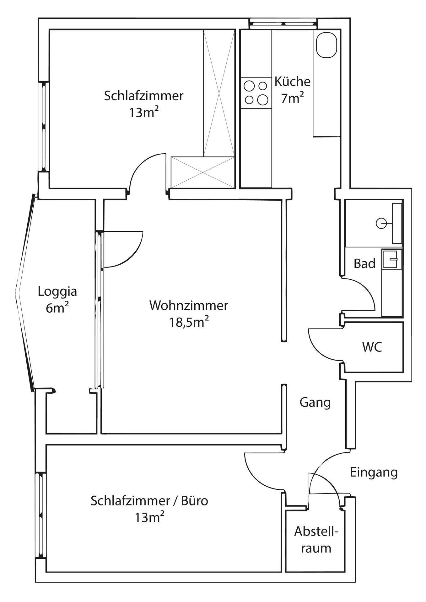Detaillierter Grundriss einer Wohnung mit zwei Schlafzimmern, Wohnzimmer und Loggia.