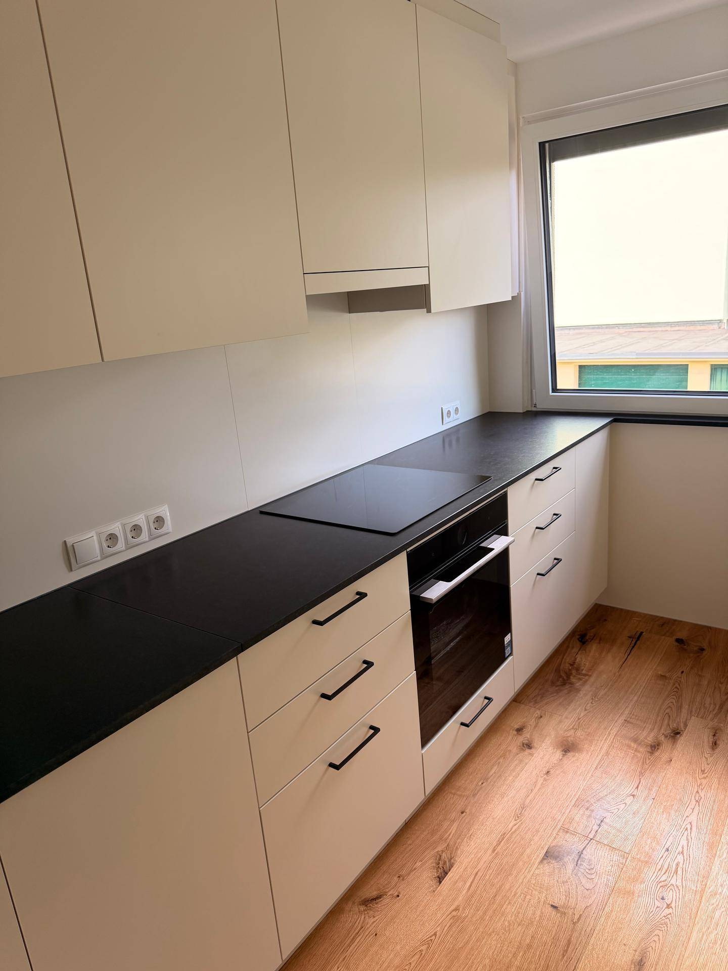Detailansicht der modernen Küche mit Induktionskochfeld und integriertem Backofen.