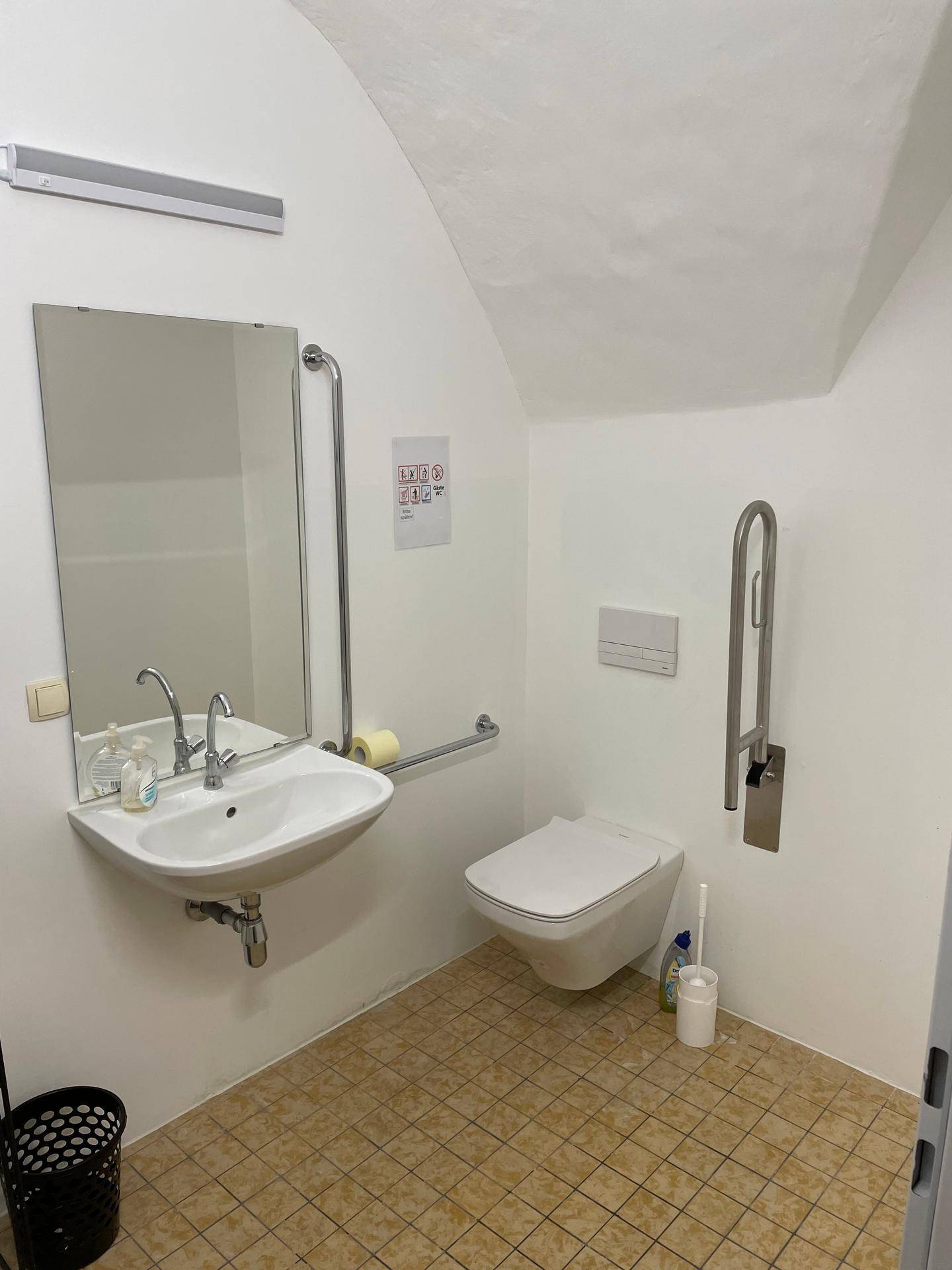 Barrierefreies Badezimmer mit Waschbecken, Toilette und Haltegriffen, ausgestattet mit einem gefliesten Boden und Gewölbedecke.
