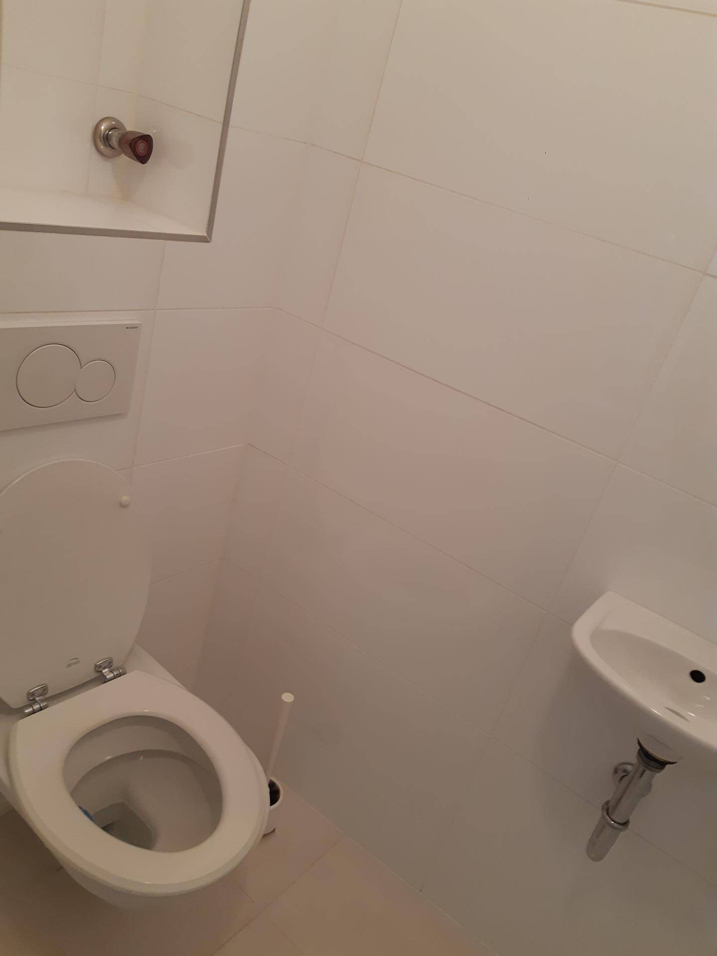 Kleines Gäste-WC mit Wand-WC, kleinem Waschbecken und weißen Fliesen.