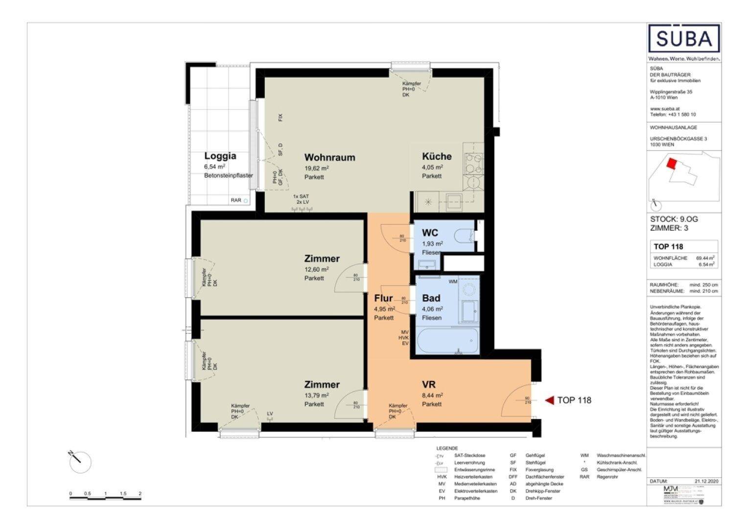 Grundriss einer Wohnung mit Wohnraum, Küche, zwei Zimmern, Bad und Loggia.