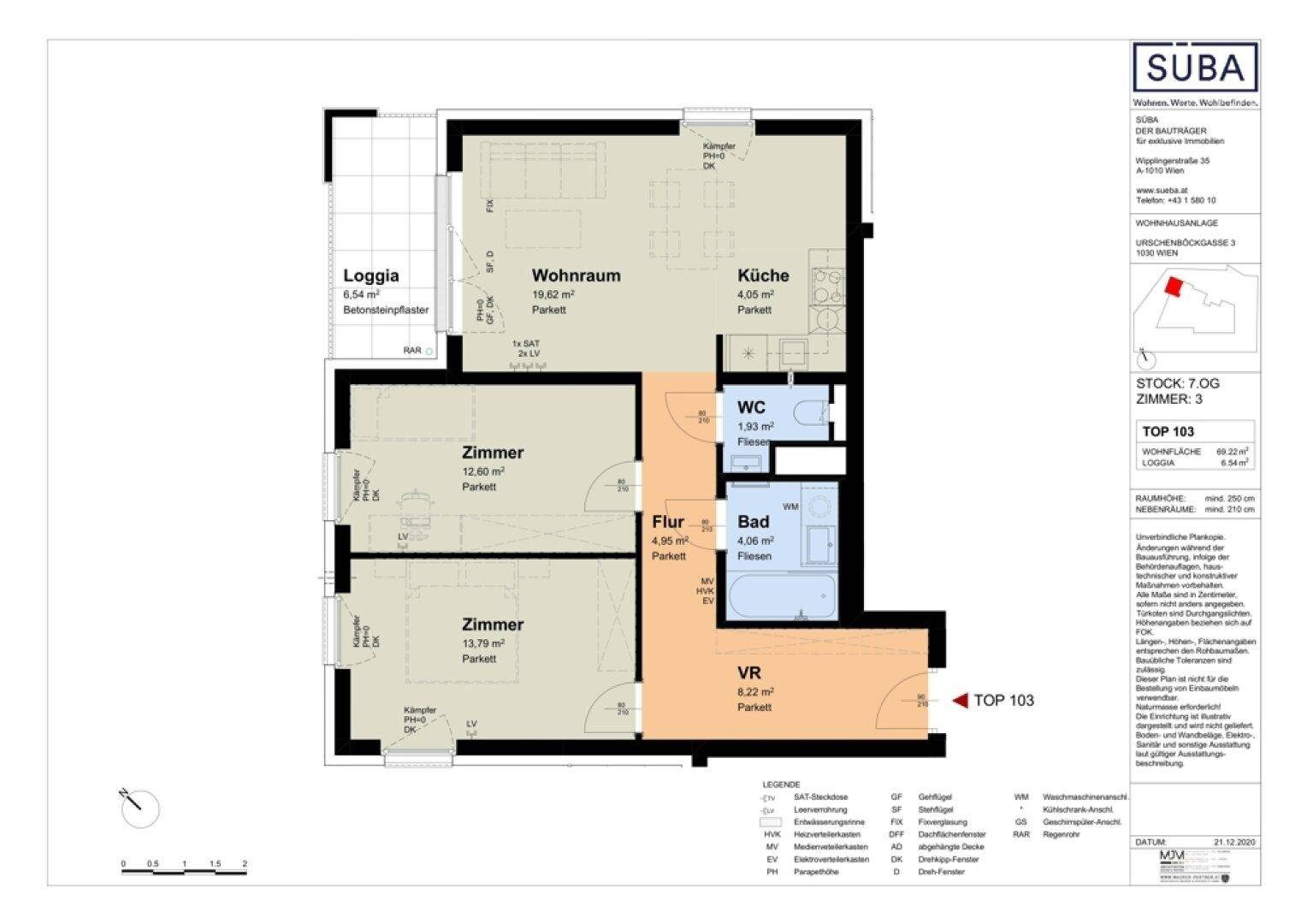 Grundriss einer Wohnung mit Wohnraum, Küche, zwei Zimmern, Bad und Loggia.