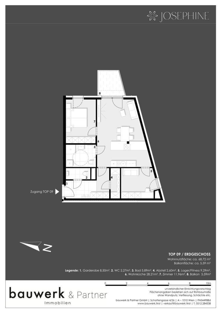 Grundriss des Erdgeschosses TOP 09 mit Wohnküche, Schlafzimmer und Balkon.