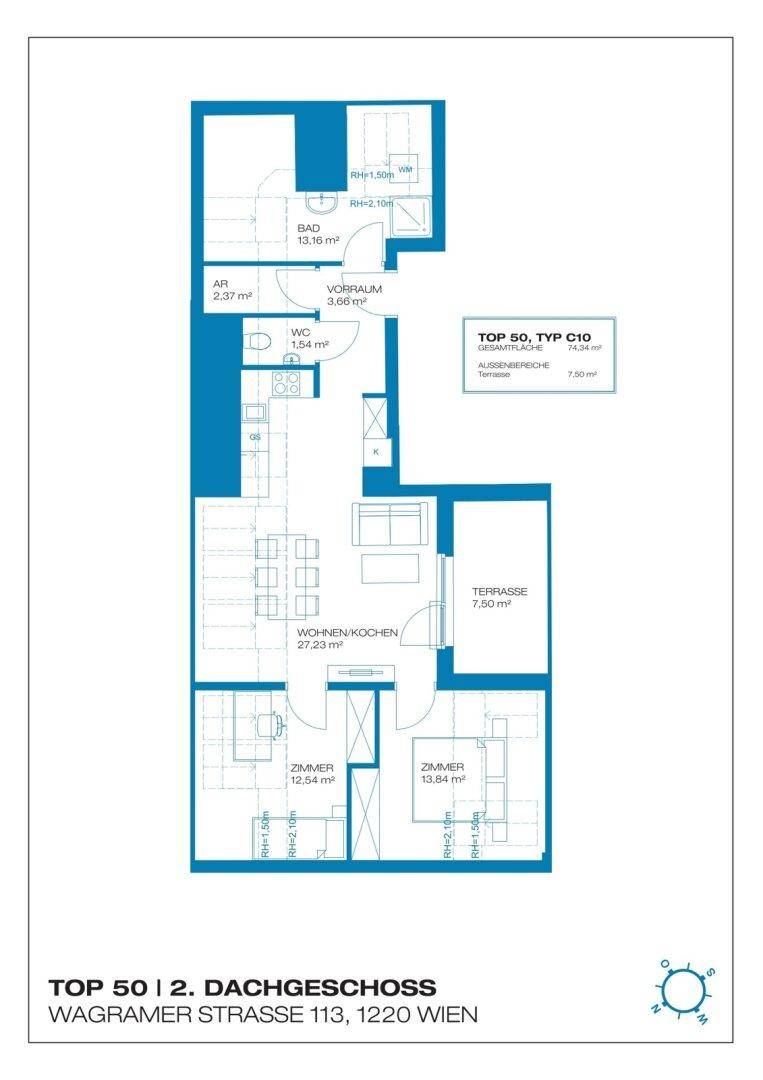 Grundriss der Dachgeschosswohnung mit Wohnküche, zwei Zimmern und Terrasse.