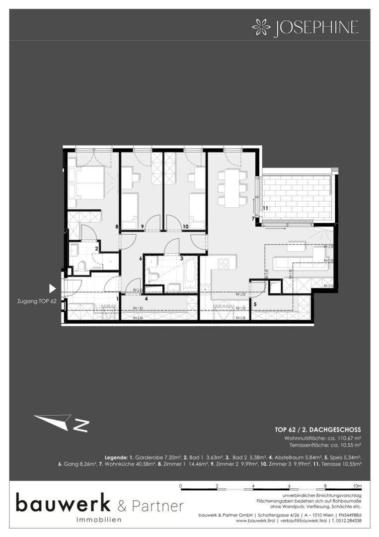 Grundriss der Dachgeschosswohnung Top 62 mit drei Zimmern und Terrasse.