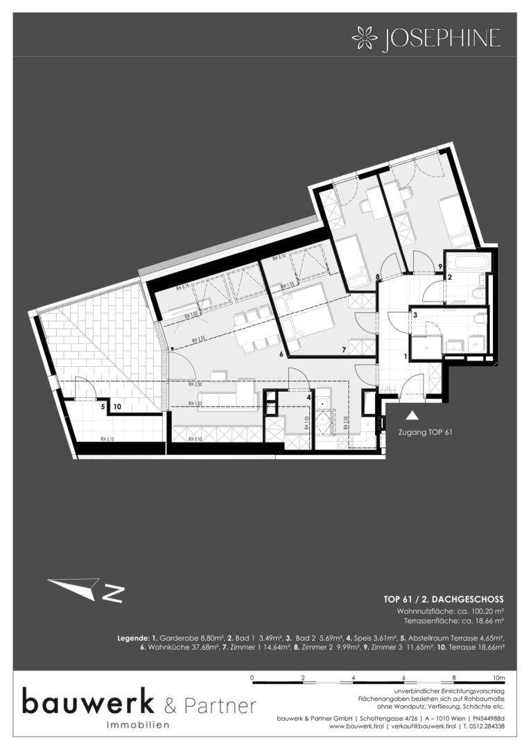 Detaillierter Grundriss der Dachgeschosswohnung TOP 61 mit mehreren Zimmern und Terrassenflächen.