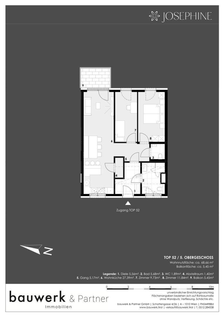 Grundriss einer Wohnung im 5. Obergeschoss mit Balkon und effizienter Raumaufteilung.