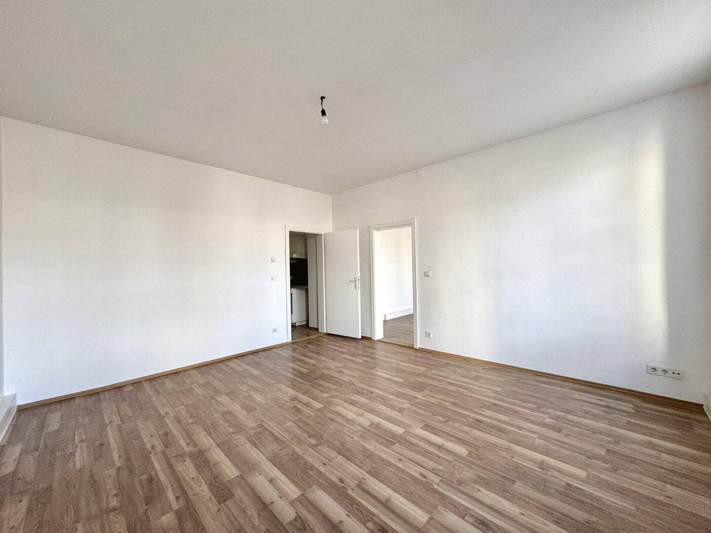Geräumiges Zimmer mit Holzboden und zwei Türen, die zu weiteren Räumen führen.