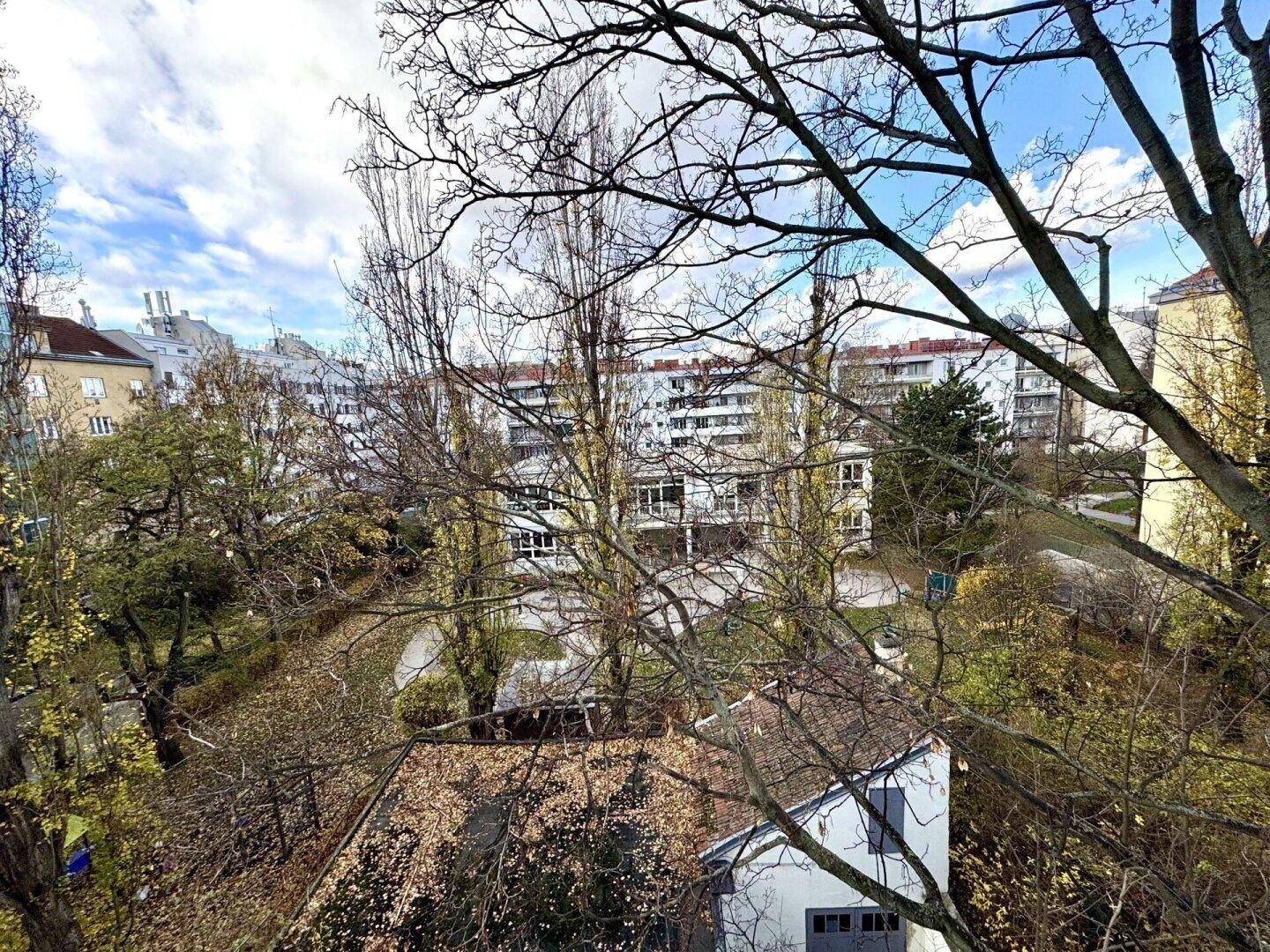 Weitläufiger Blick über grüne Baumwipfel und umliegende Gebäude unter bewölktem Himmel.