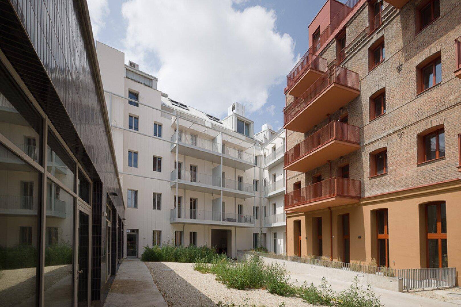 Begrünter Innenhof zwischen modernen Wohngebäuden mit großen Fenstern und klarem Design.