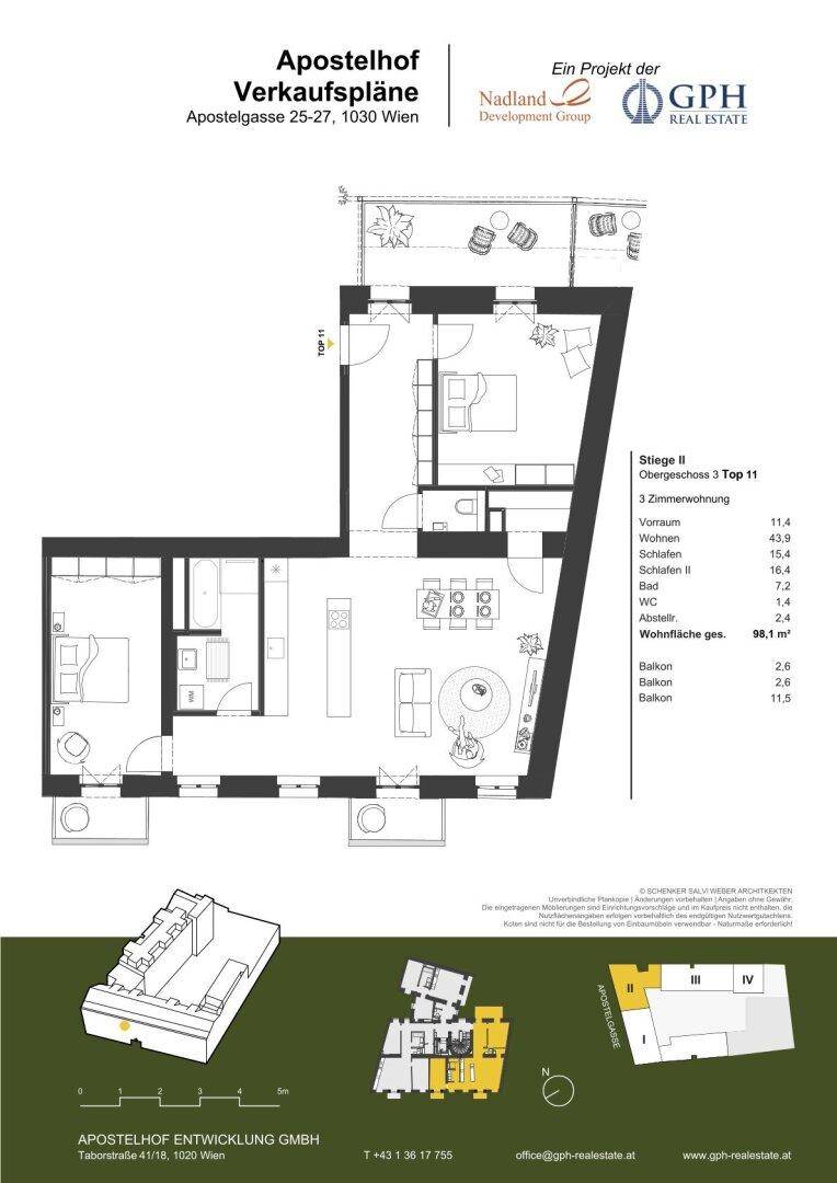 Grundriss der 3-Zimmer-Wohnung Top 11 im 3. Obergeschoss mit Balkonen.
