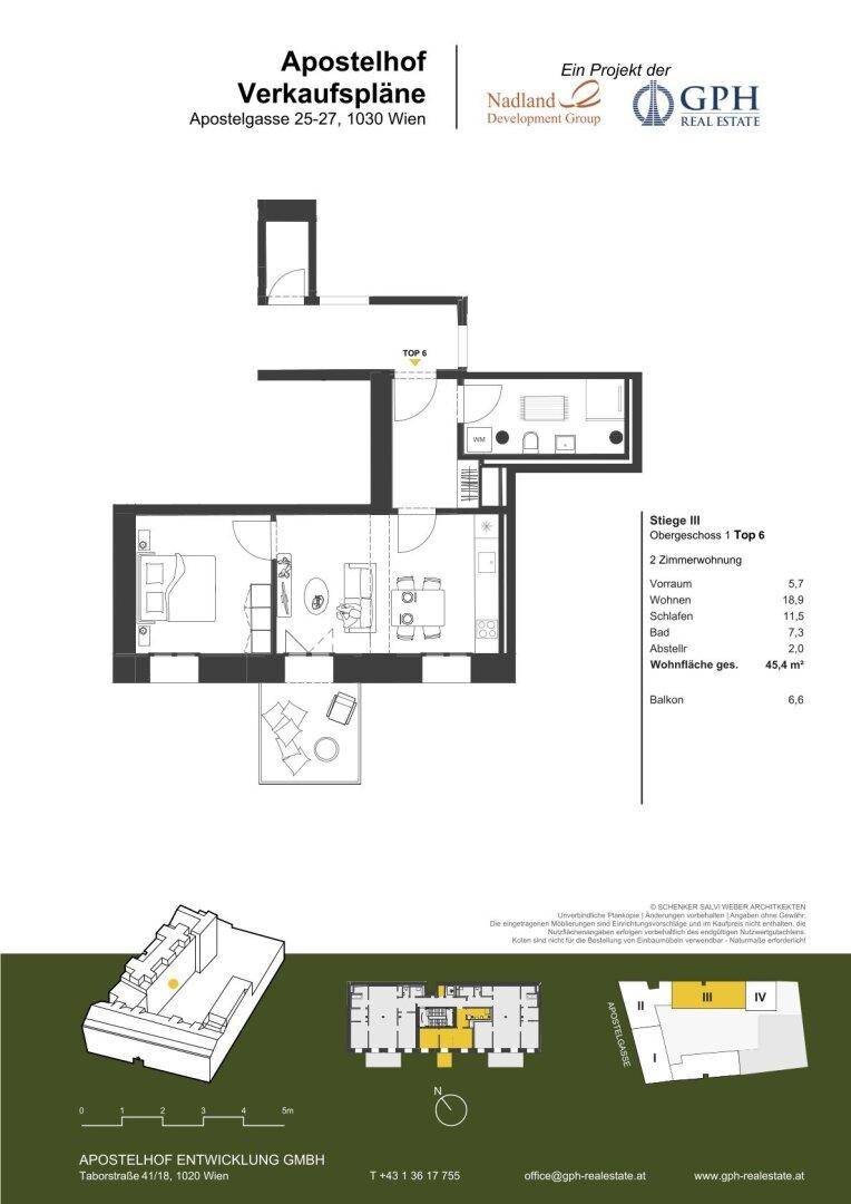 Grundriss der Wohnung Top 6 im Obergeschoss mit zwei Zimmern und Balkon.