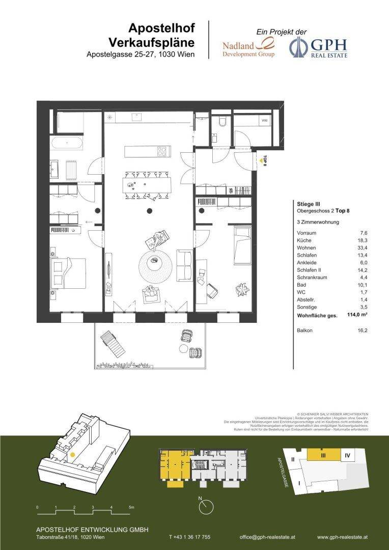 Grundriss einer 3-Zimmer-Wohnung mit 114 m² Wohnfläche und Balkon.