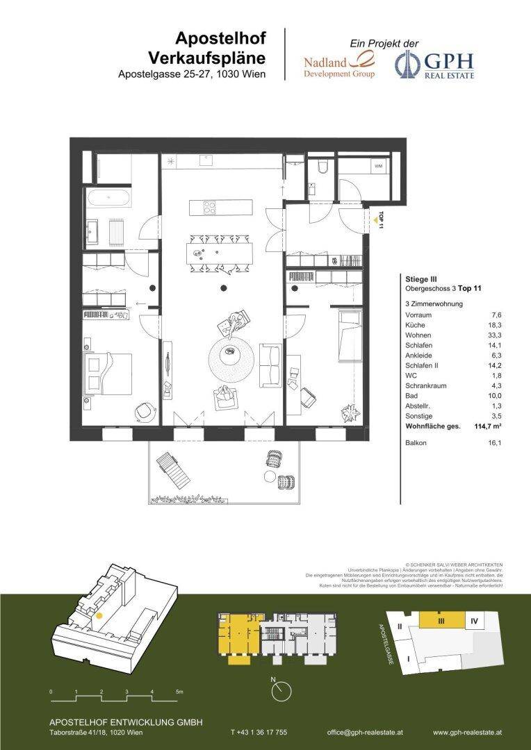 Grundriss einer 3-Zimmer-Wohnung mit offenem Wohnbereich und Balkon.