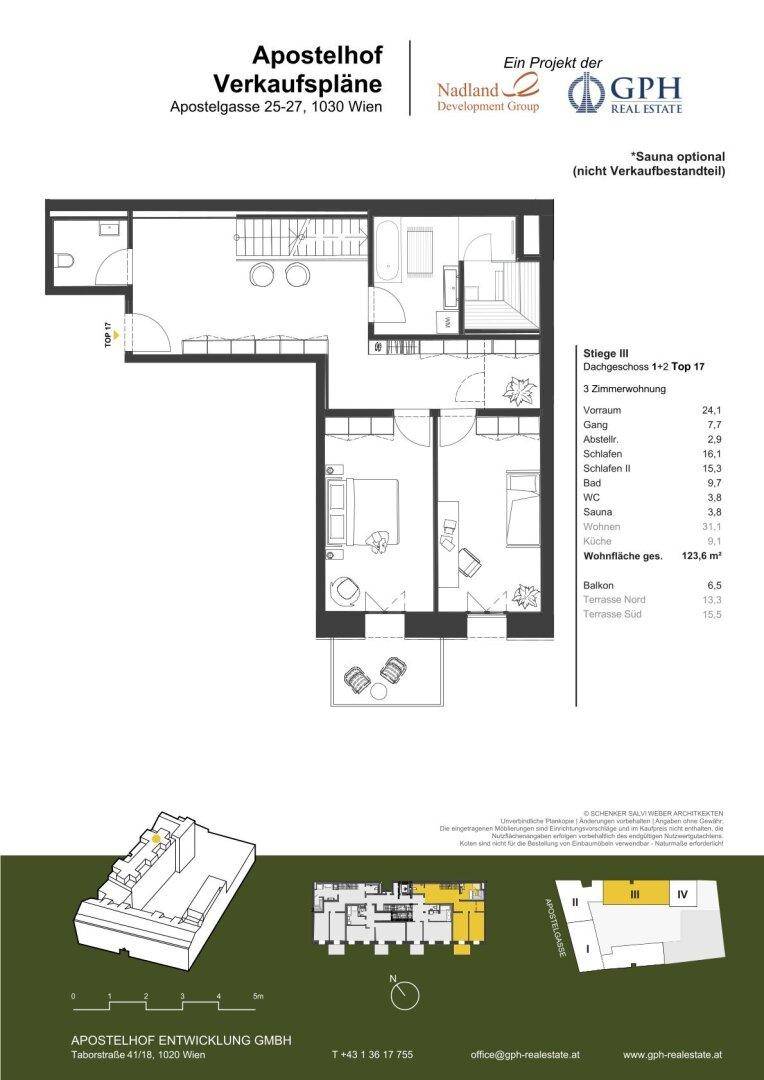 Grundriss der Dachgeschosswohnung Top 17 mit 3 Zimmern und Terrassen.