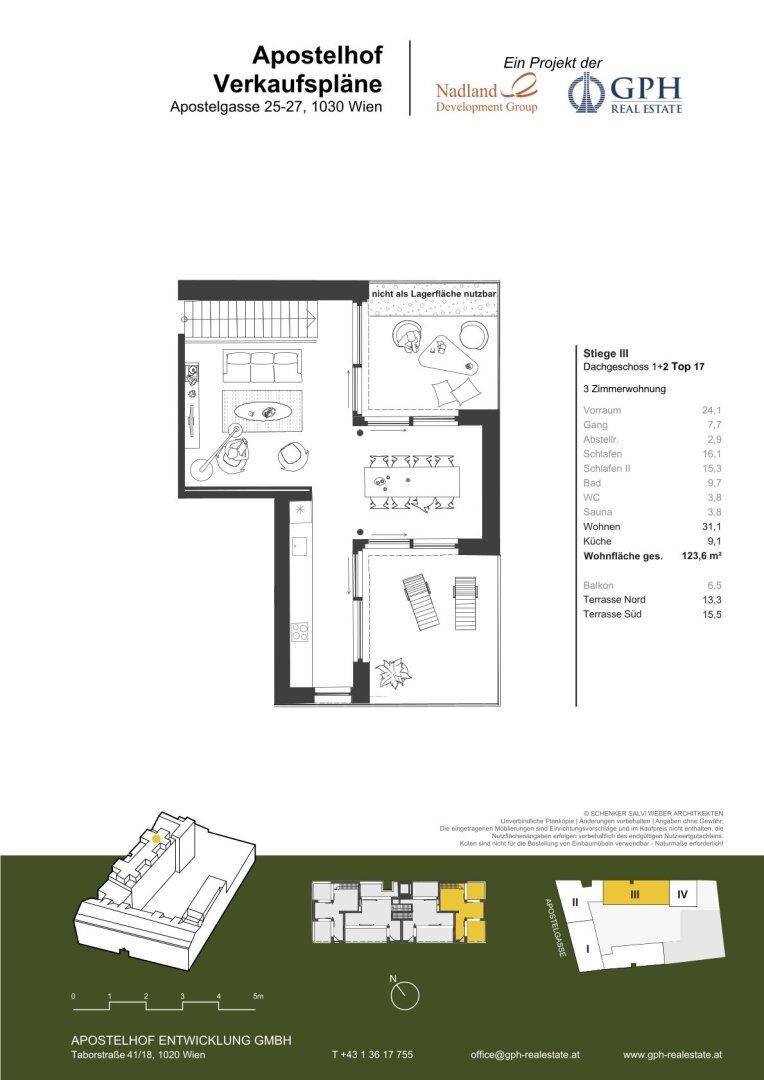 Grundriss der Dachgeschosswohnung Top 17 mit 3 Zimmern und Terrassen.