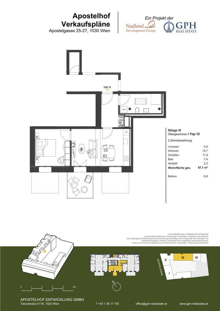 Grundriss einer Zweizimmerwohnung mit Balkon im Apostelhof, Wien.