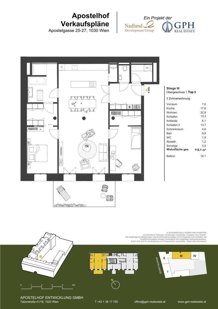 Grundriss einer 3-Zimmer-Wohnung mit Balkon und 112,1 m² Wohnfläche.