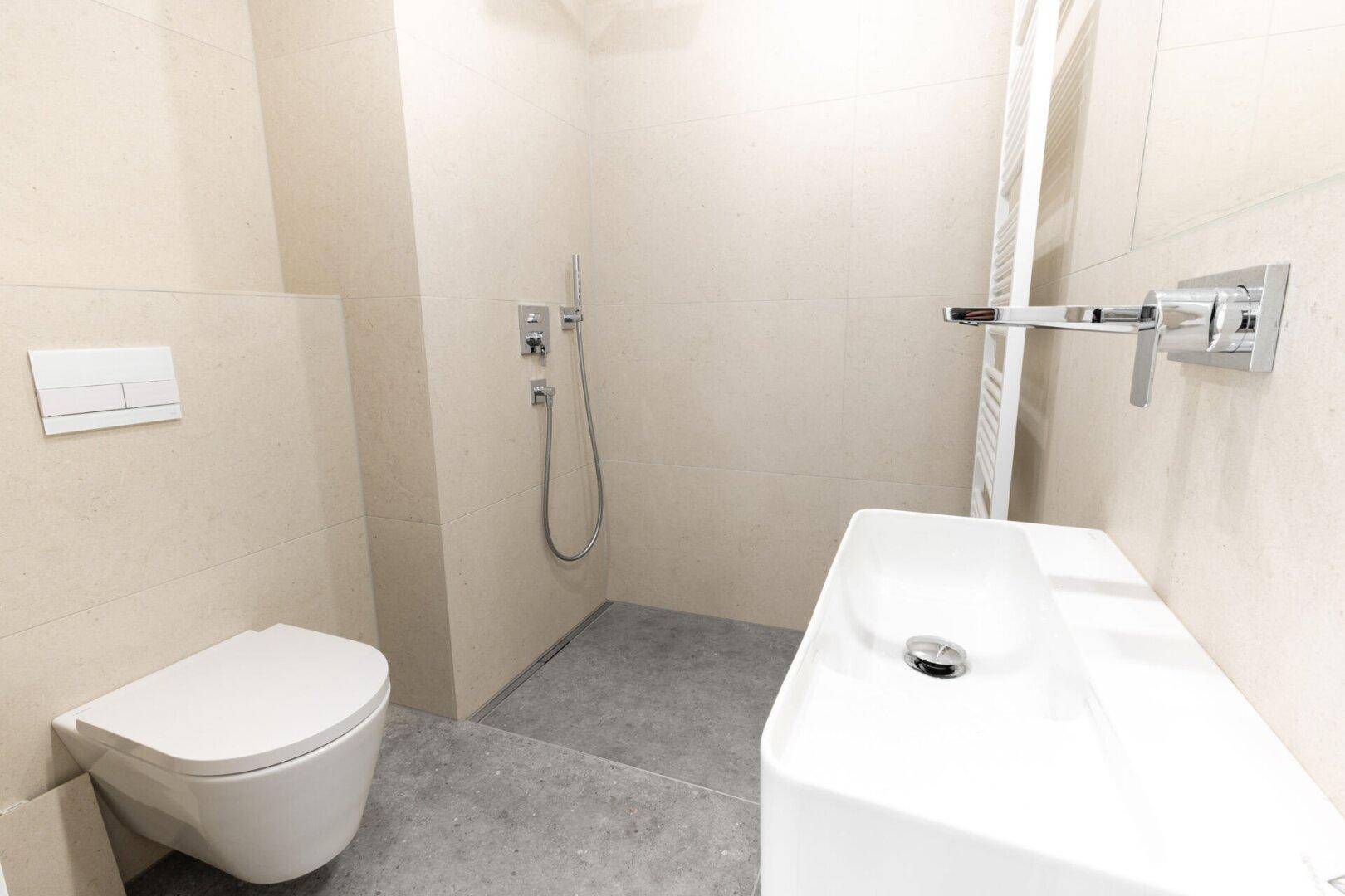 Modernes Badezimmer mit begehbarer Dusche, Wand-WC und elegantem Waschbecken.