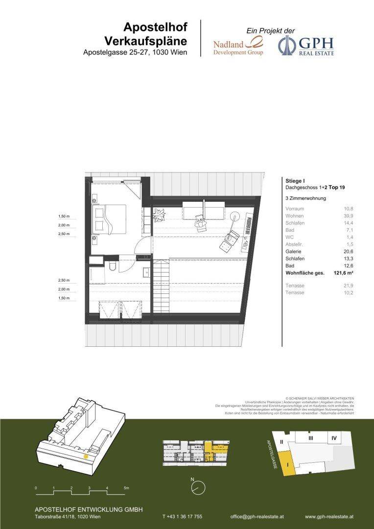 Grundriss des ersten Dachgeschosses mit Schlafzimmer, Bad und Galerie.