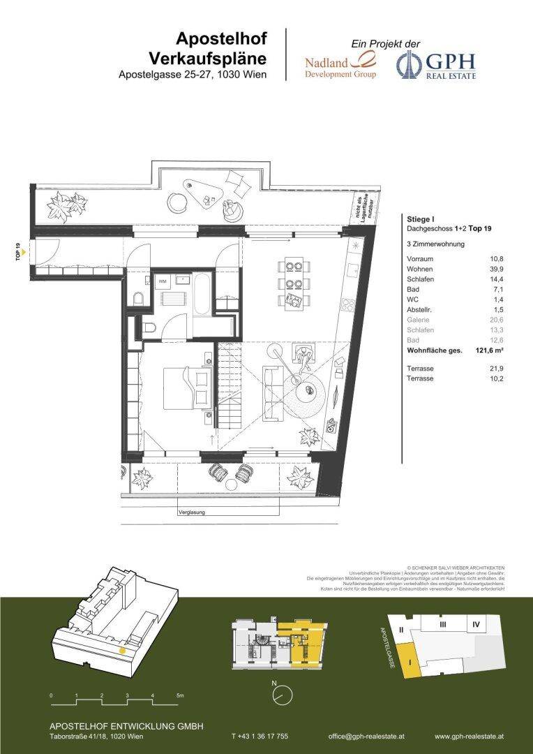 Grundriss des Dachgeschosses mit Wohnbereich, Schlafzimmer und Terrasse.