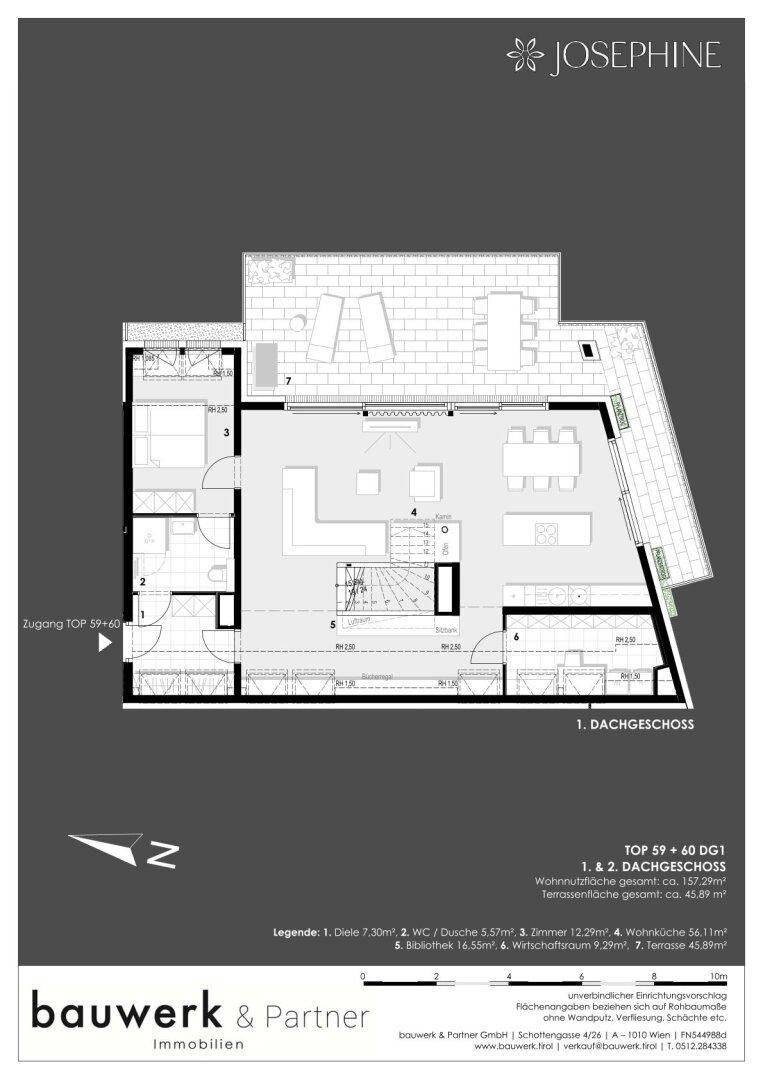 Grundriss des ersten Dachgeschosses mit offenem Wohnbereich, Schlafzimmer und großer Terrasse.