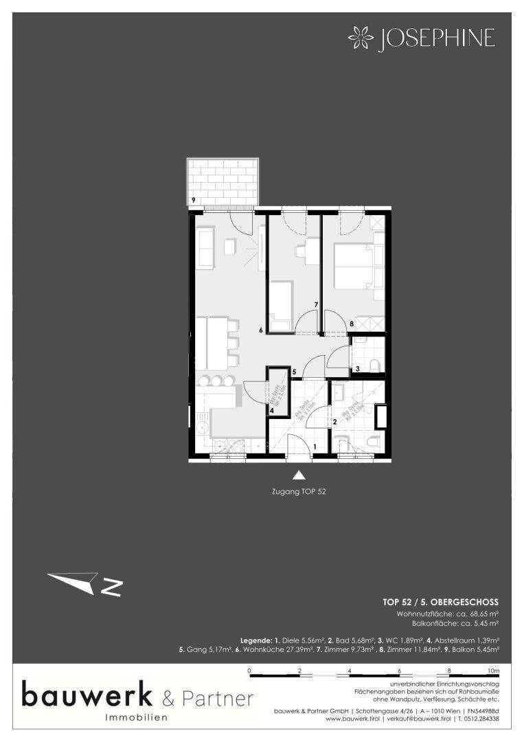Detaillierter Grundriss einer Wohnung im 5. Obergeschoss mit Balkon und klarer Raumstruktur.