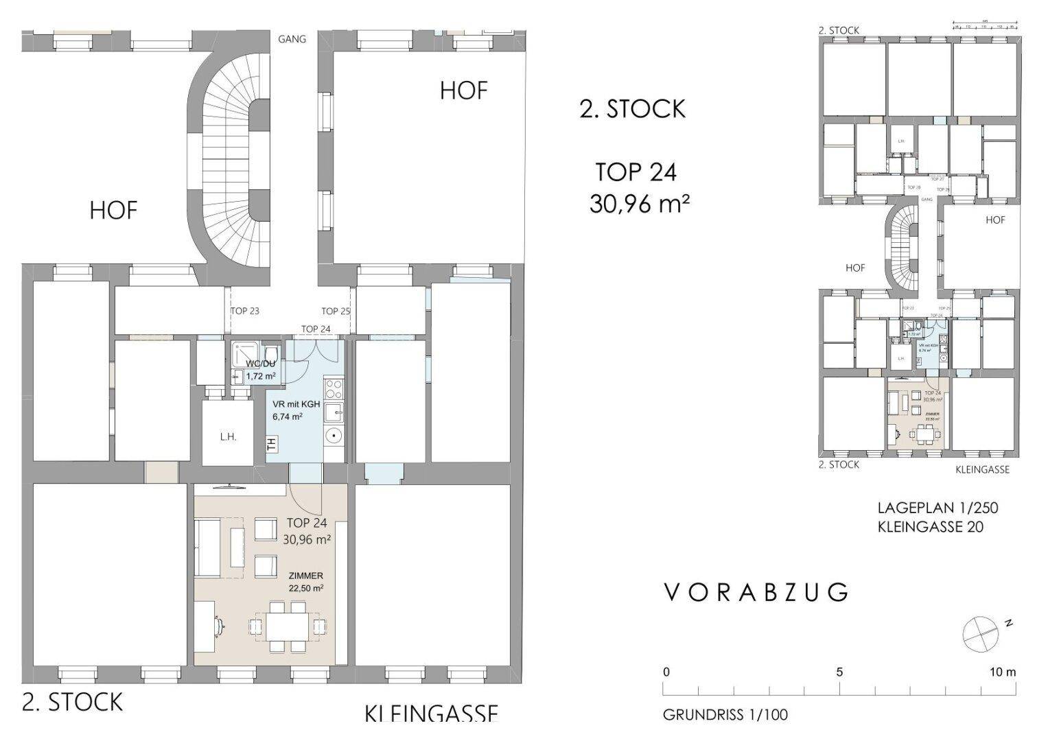 Grundriss einer Wohnung im zweiten Stock, Top 24, mit 30,96 m² und offenem Wohnbereich.