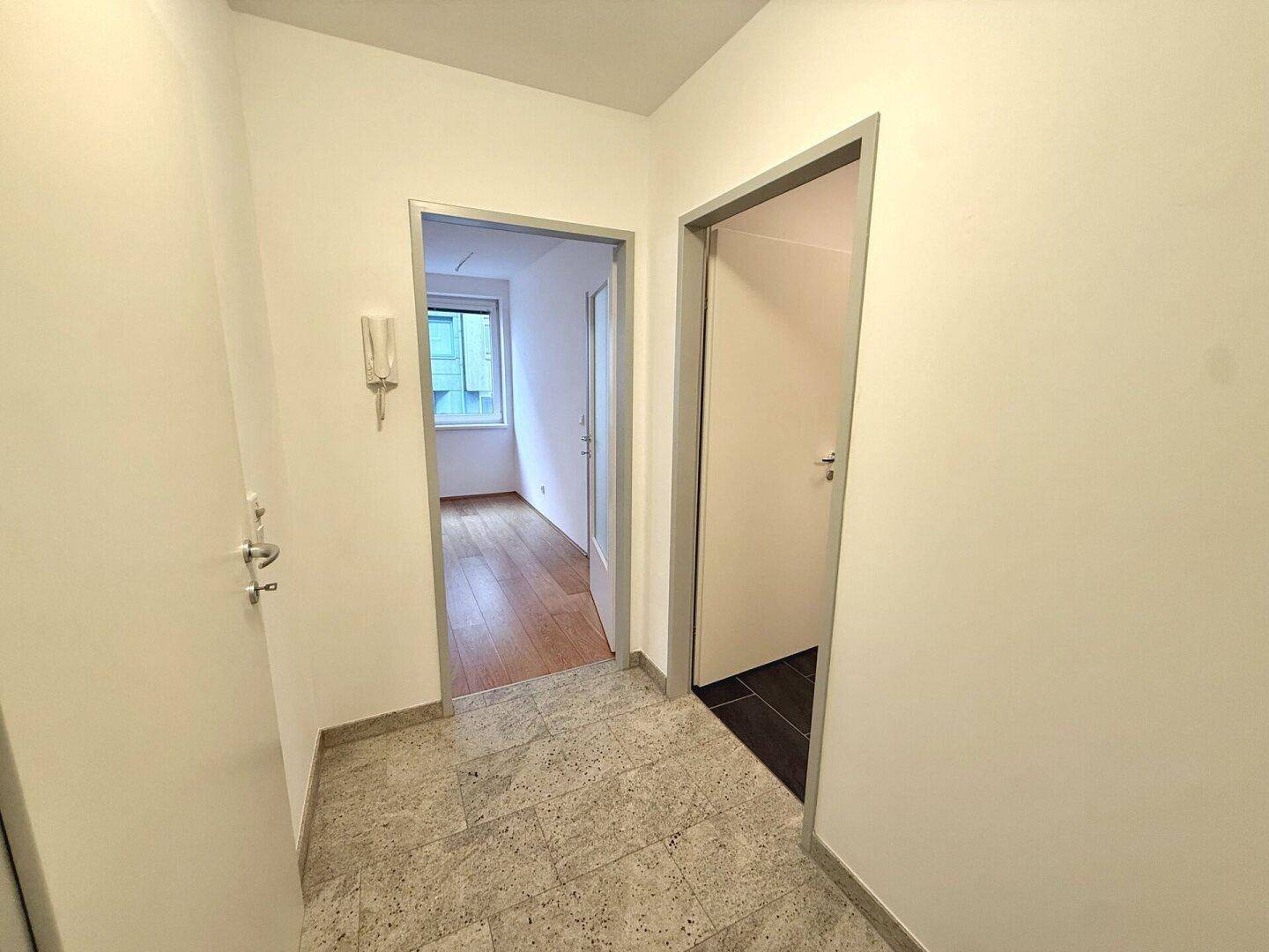Eingangsbereich mit Fliesenboden und Zugang zu weiteren Räumen der Wohnung.