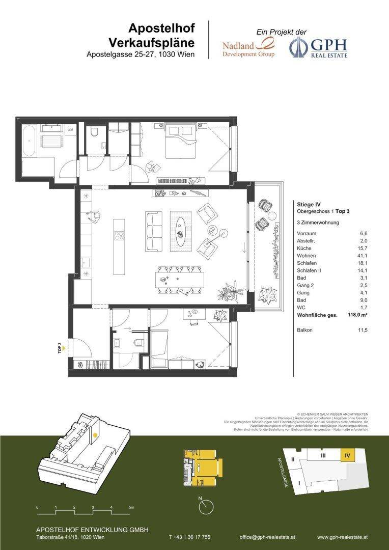 Grundriss einer 3-Zimmer-Wohnung mit 118,0 m² Wohnfläche und Balkon.