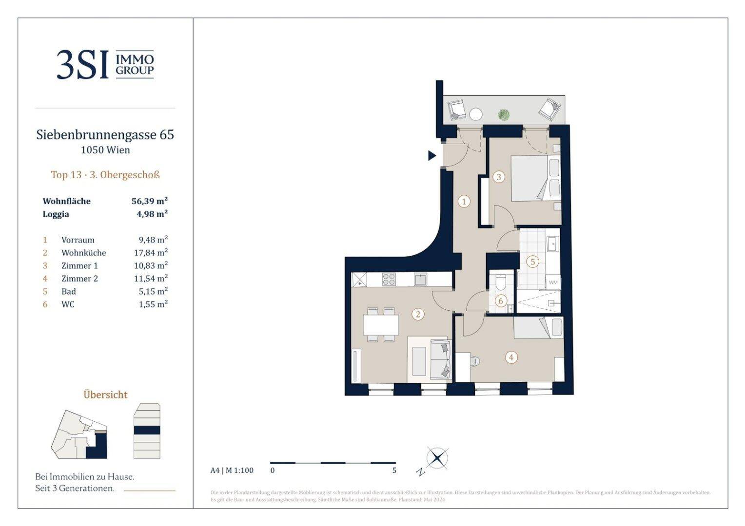 Grundriss der Wohnung Top 13 im 3. Obergeschoss mit Wohnküche und Loggia.