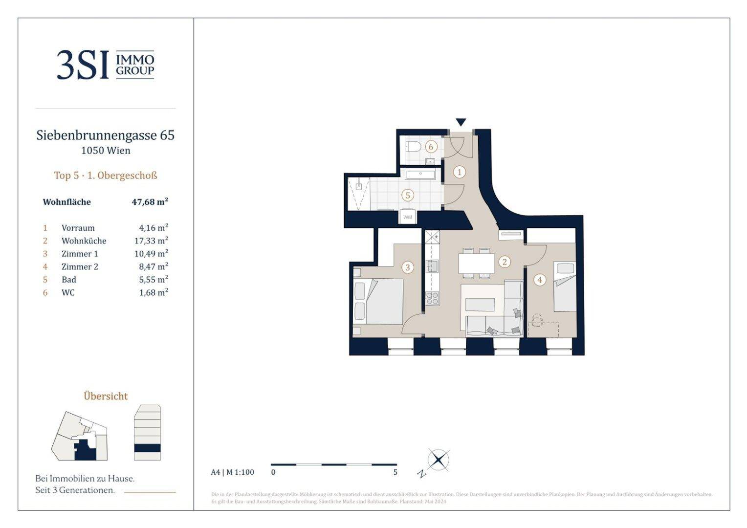 Grundriss der Wohnung Top 5 im 1. Obergeschoss mit Wohnfläche und Raumaufteilung.