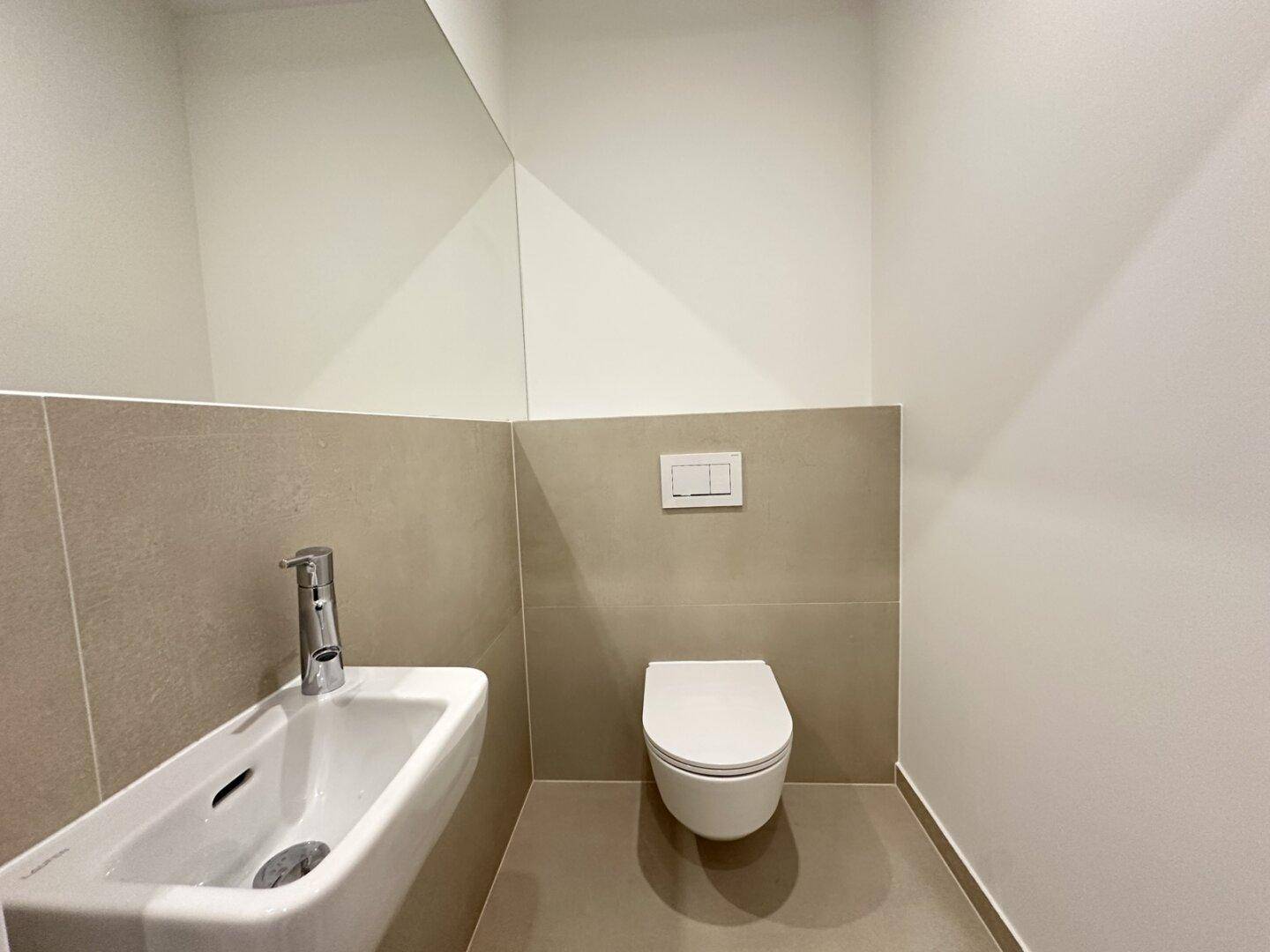 Modernes Gäste-WC mit wandhängender Toilette, kleinem Waschbecken und großem Spiegel.