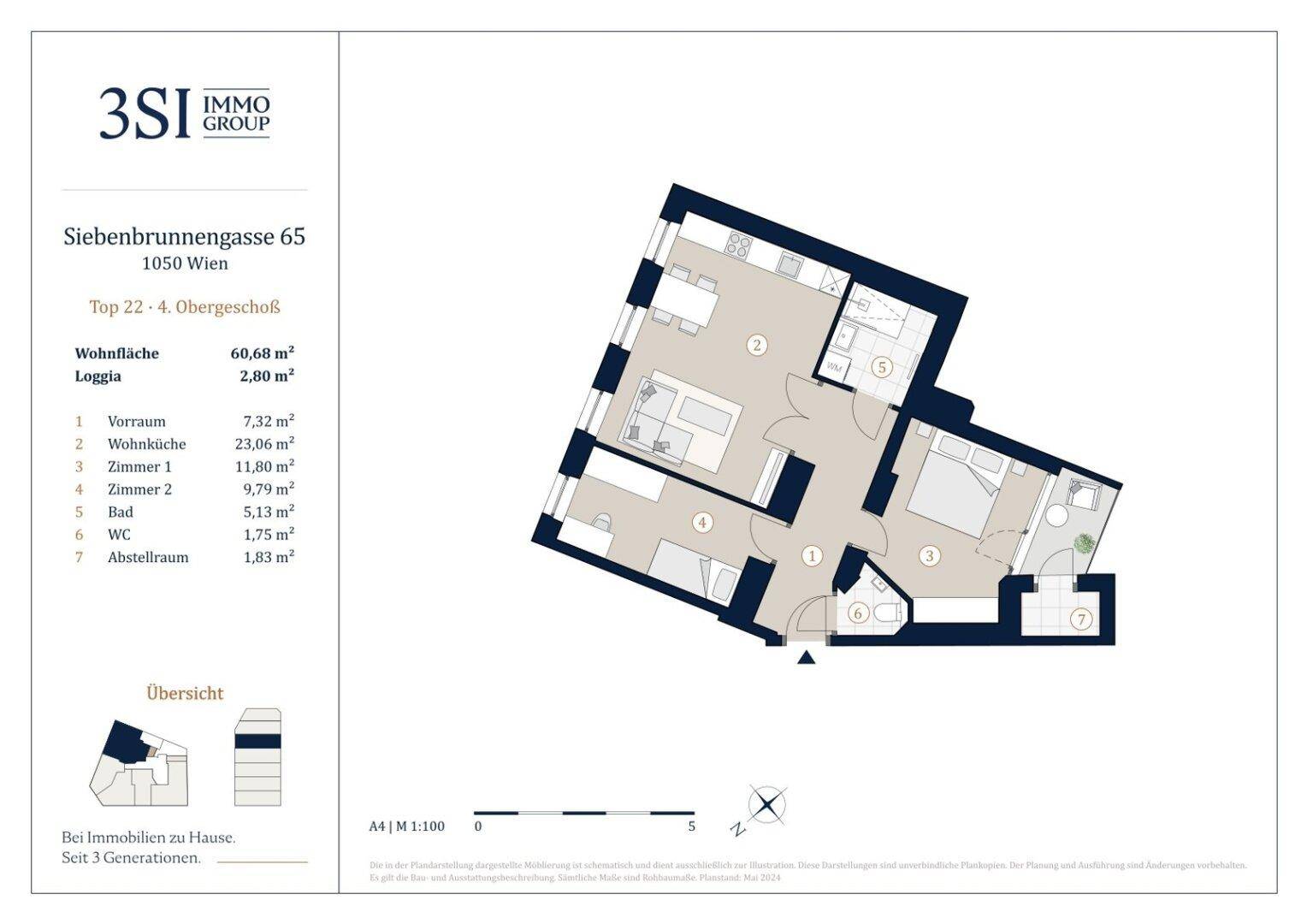 Grundriss einer 60,68 m² Wohnung mit Loggia, Schlafzimmern und offenem Wohnbereich.