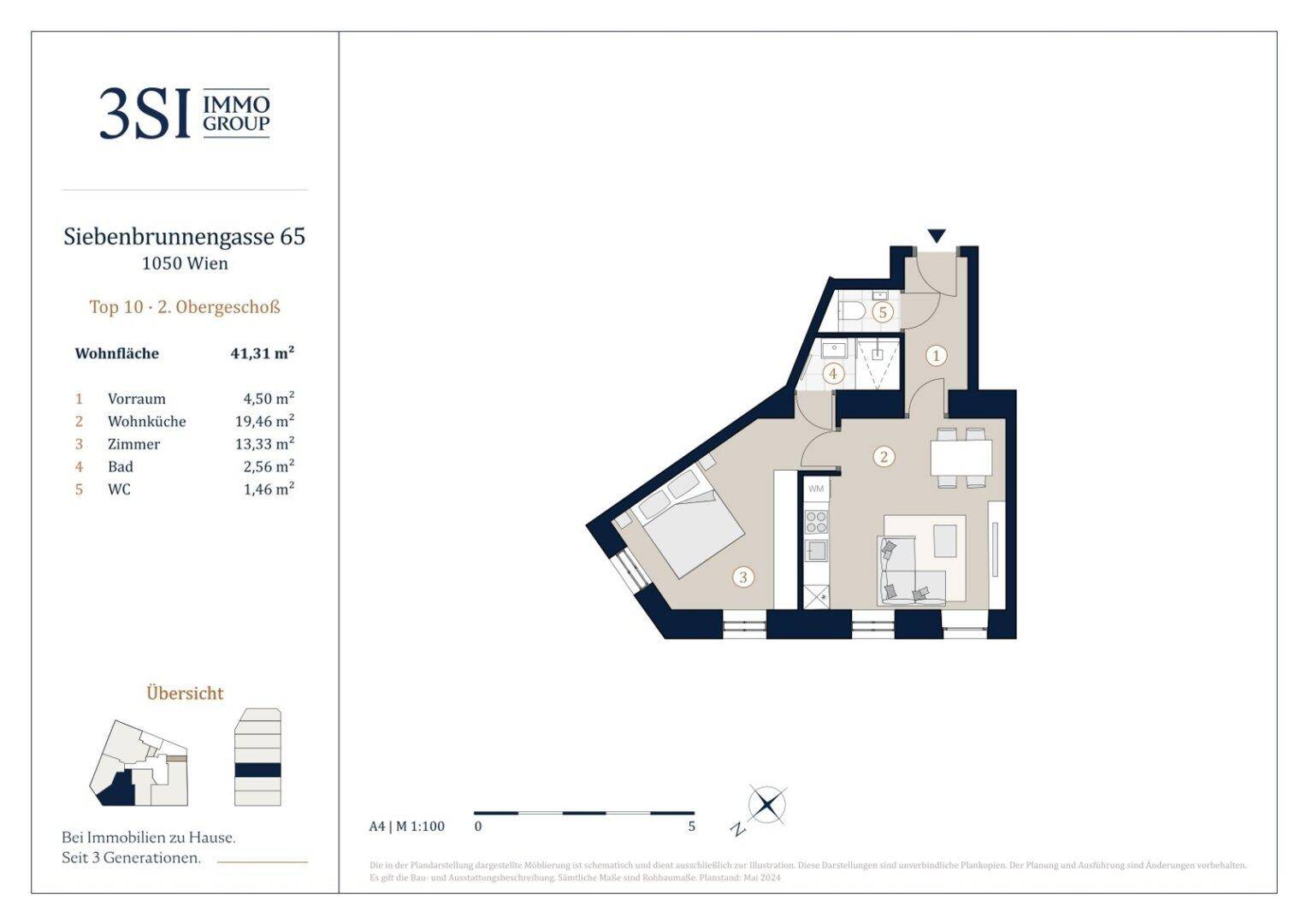 Grundriss der Wohnung Top 10 im 2. Obergeschoss mit 41,31 m² Wohnfläche und Balkon.