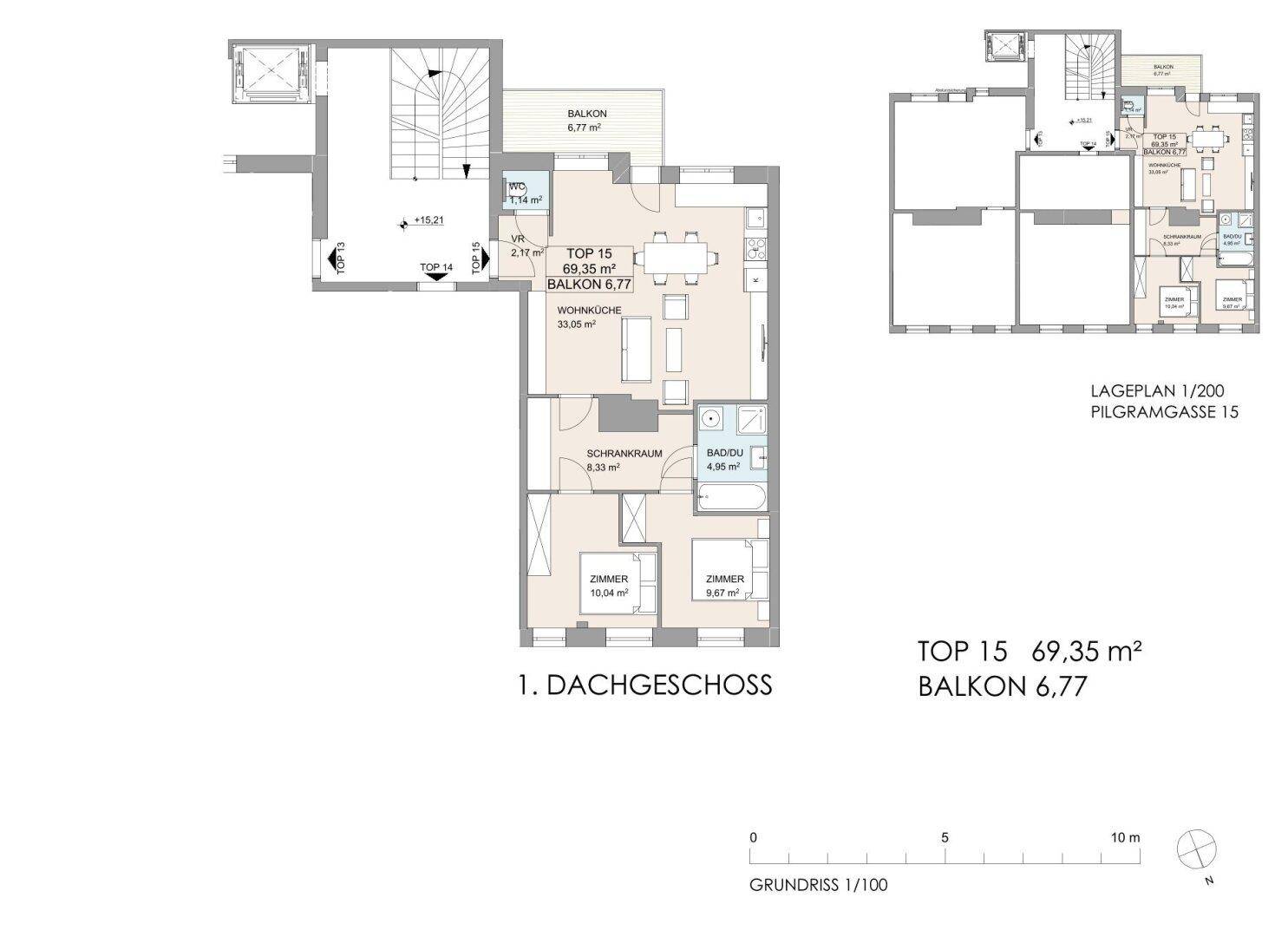Grundriss des ersten Dachgeschosses mit 69,35 m² Wohnfläche und einem 6,77 m² großen Balkon.