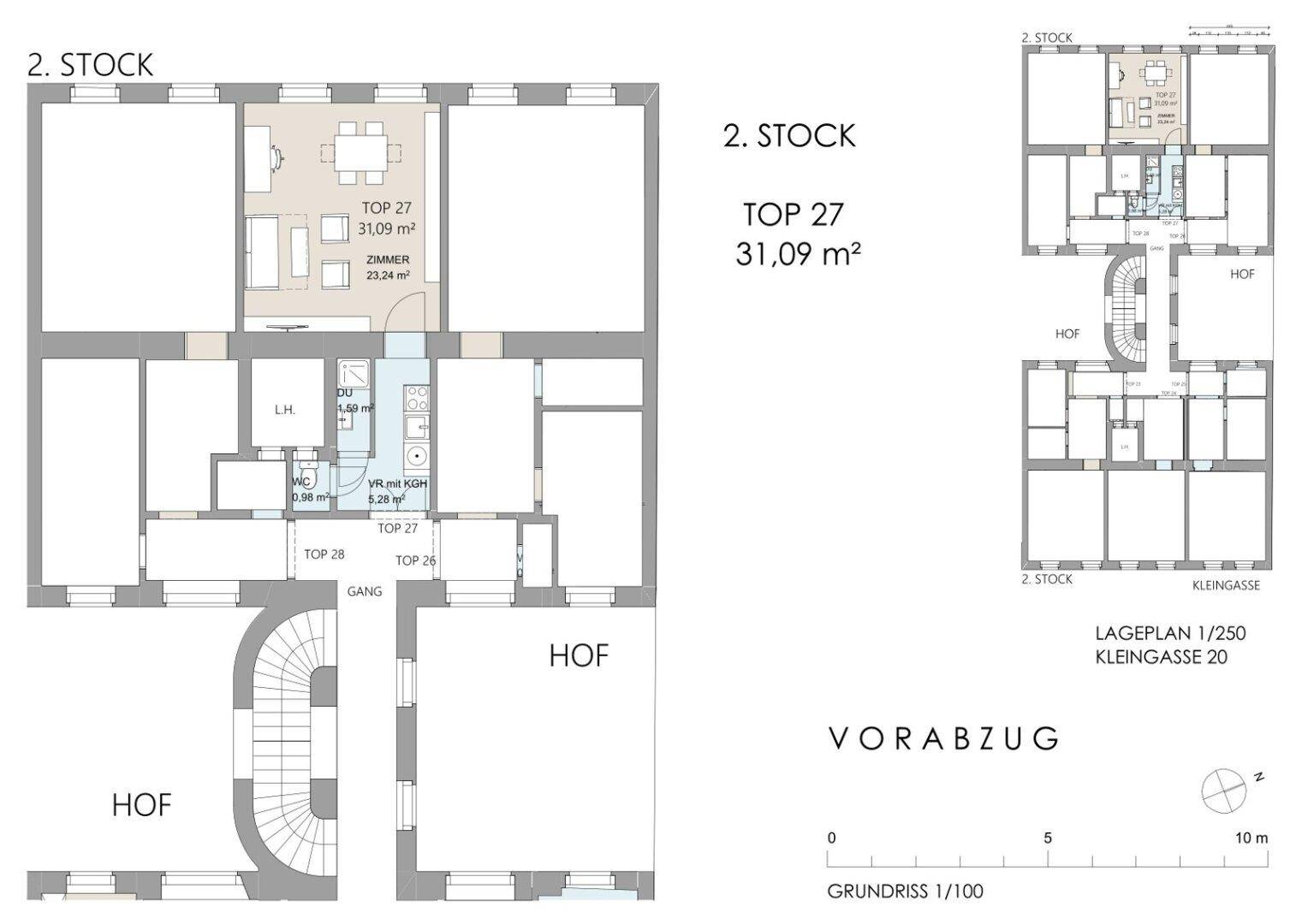 Grundriss der Wohnung Top 27 im 2. Stock mit 31,09 m² und Hofblick.