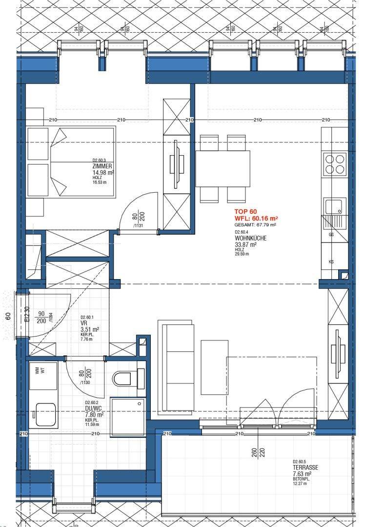 Grundriss einer Wohnung mit Wohnküche, Schlafzimmer und Terrasse, Gesamtfläche 60,16 m².