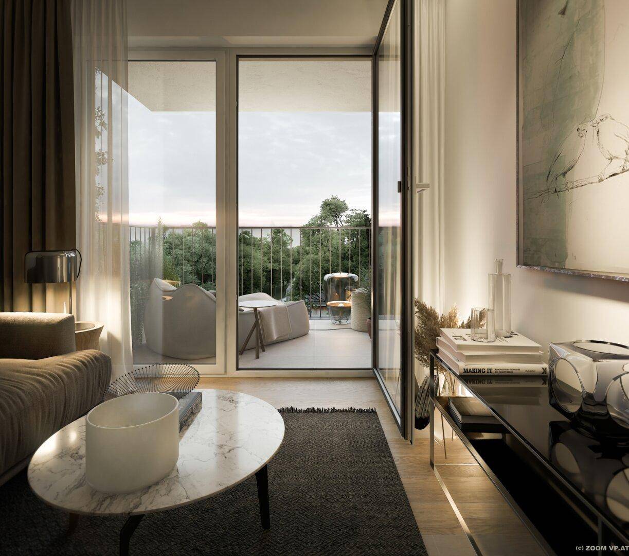 Helles Wohnzimmer mit modernem Interieur und Zugang zu einem Balkon mit Grünblick.