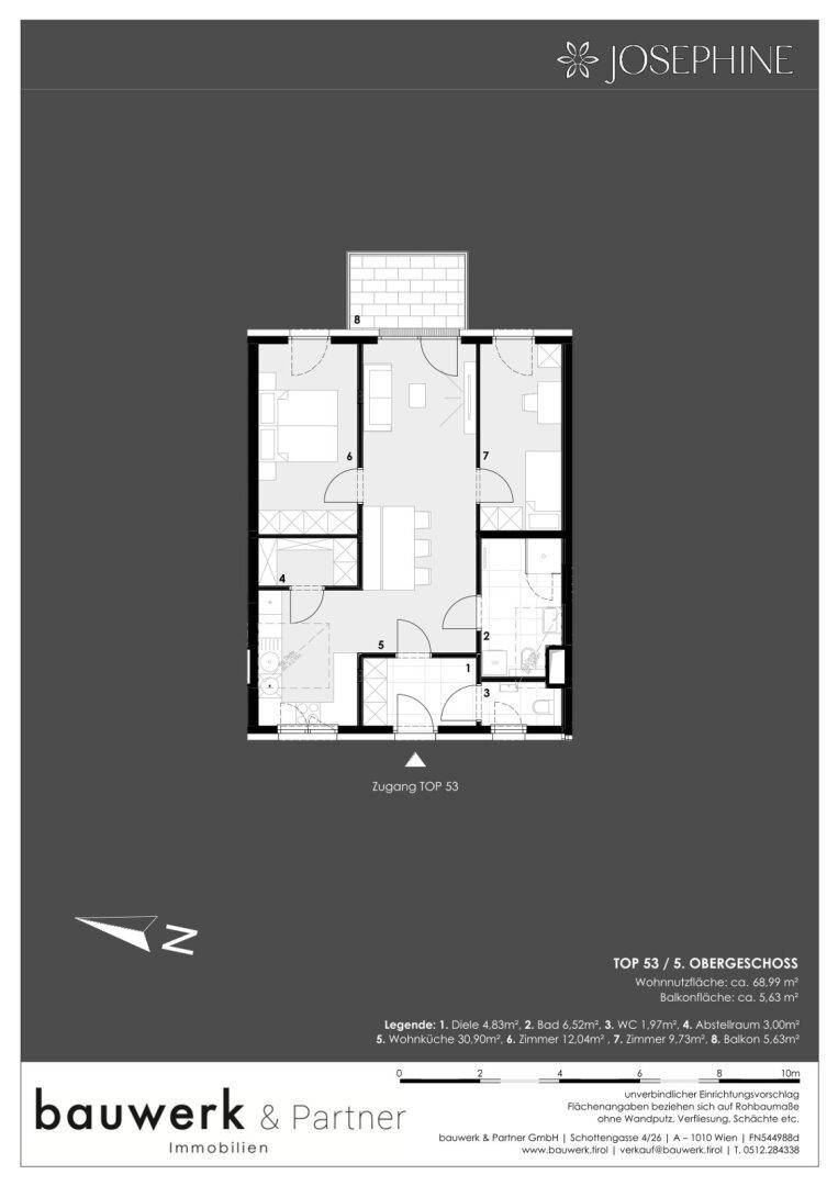 Grundriss der Wohnung TOP 33 im 5. Obergeschoss mit 68,99 m² Wohnfläche und Balkon.