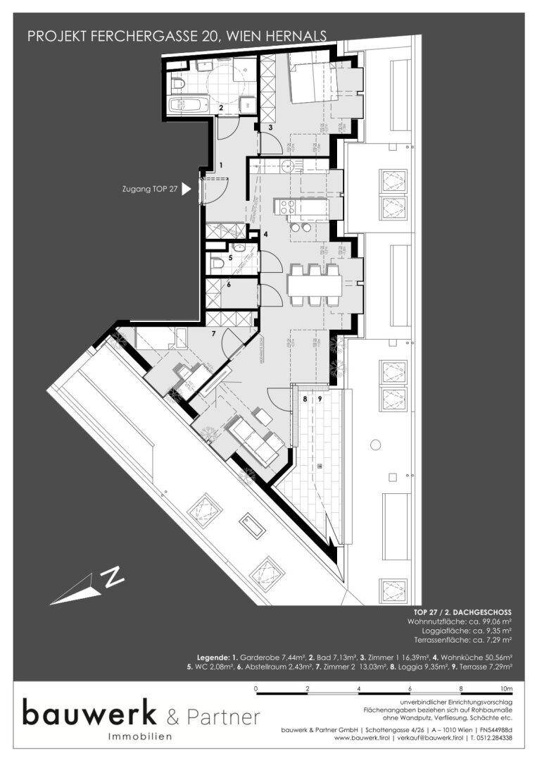 Detaillierter Grundriss der Dachgeschosswohnung Top 27 mit mehreren Zimmern und Loggia.