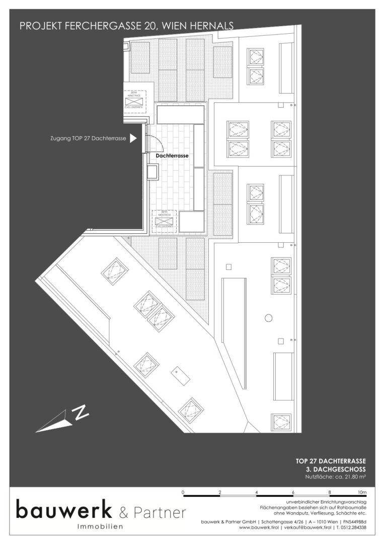 Grundriss der Dachterrasse für Top 27 mit Zugang und großzügiger Fläche.