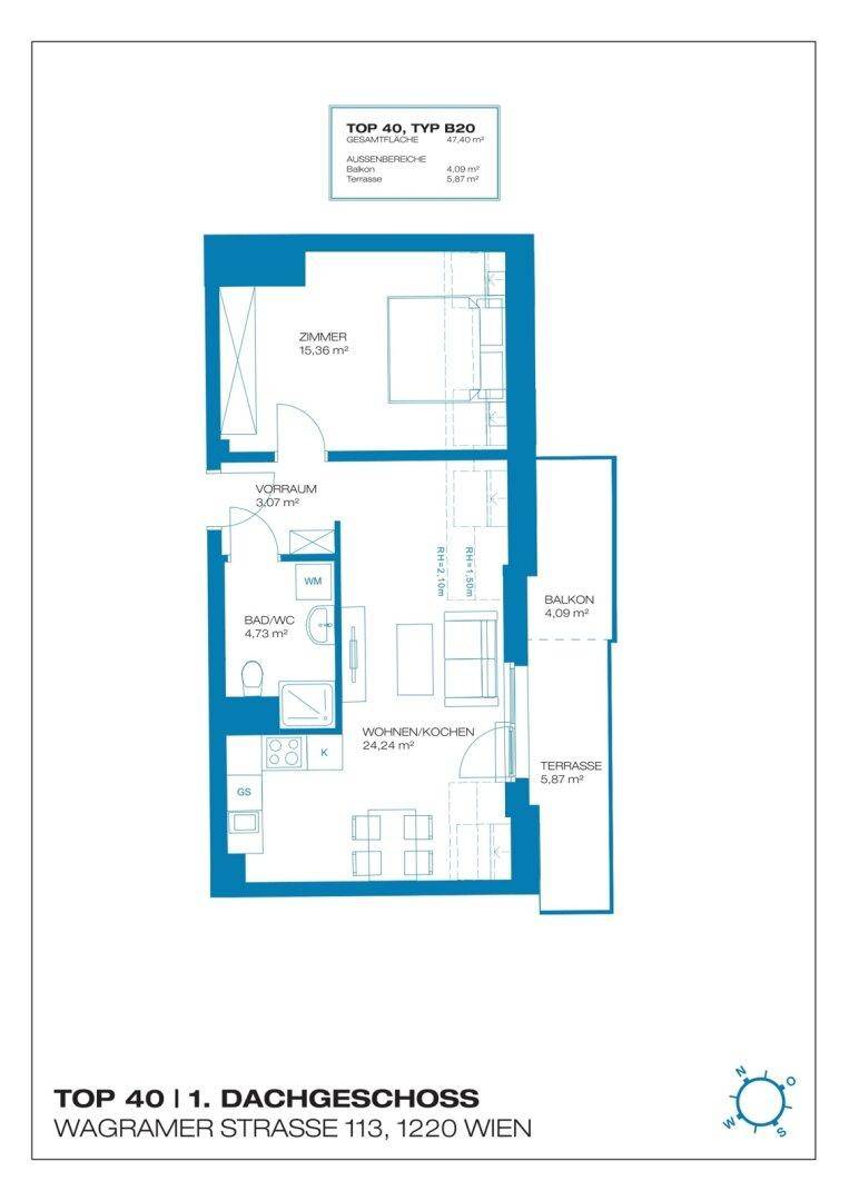Grundriss der Wohnung TOP 40 im 1. Dachgeschoss mit Zimmer, Bad, Wohnküche, Balkon und Terrasse.