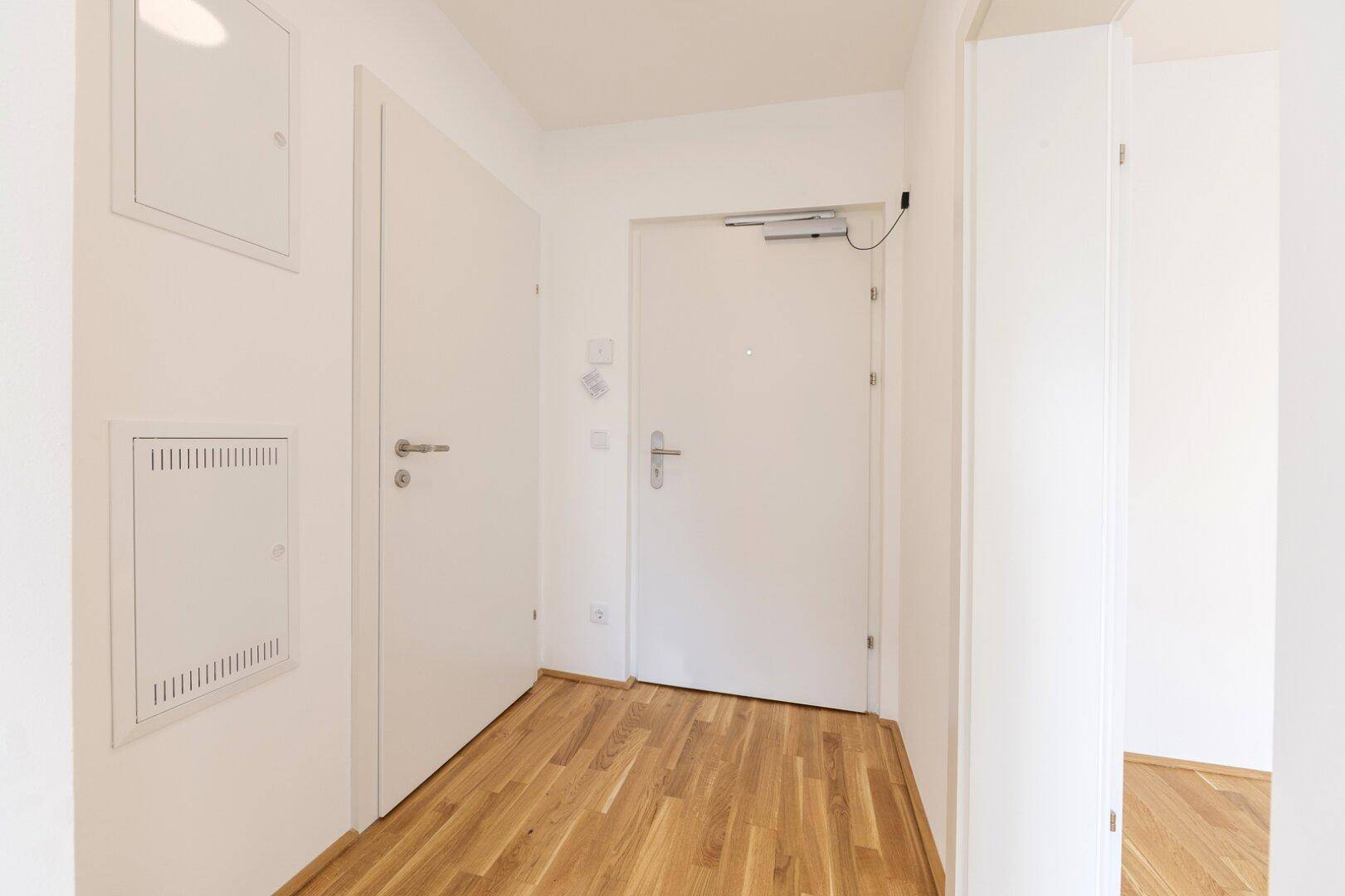 Heller Eingangsbereich mit Parkettboden, weißer Tür und Zugang zu weiteren Räumen der Wohnung.